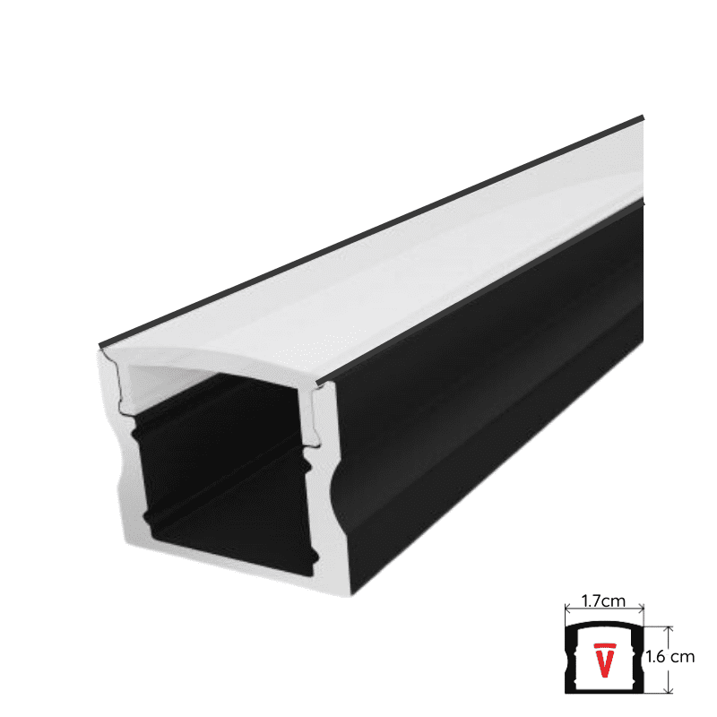 Perfil 2m Negro Con Difusor De 0,55mm Modelo 613 Plano Alto Sobrepuesto Con Tapa Y Hebillas