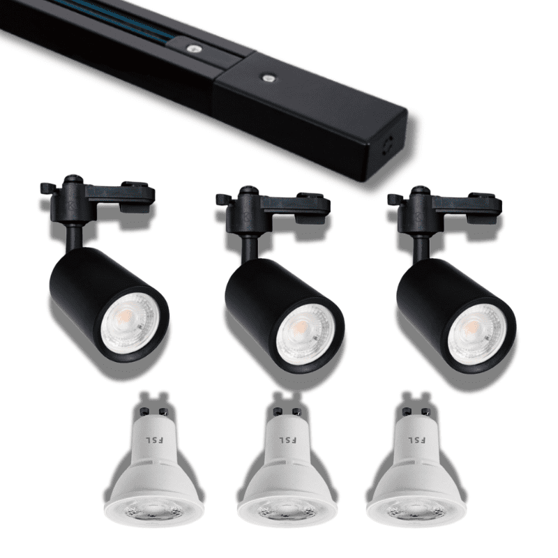 Pack Oferta 2 – Riel Monofásico 2 Metros negro + 3 Focos Porta GU10 negro + 3 Ampolletas
